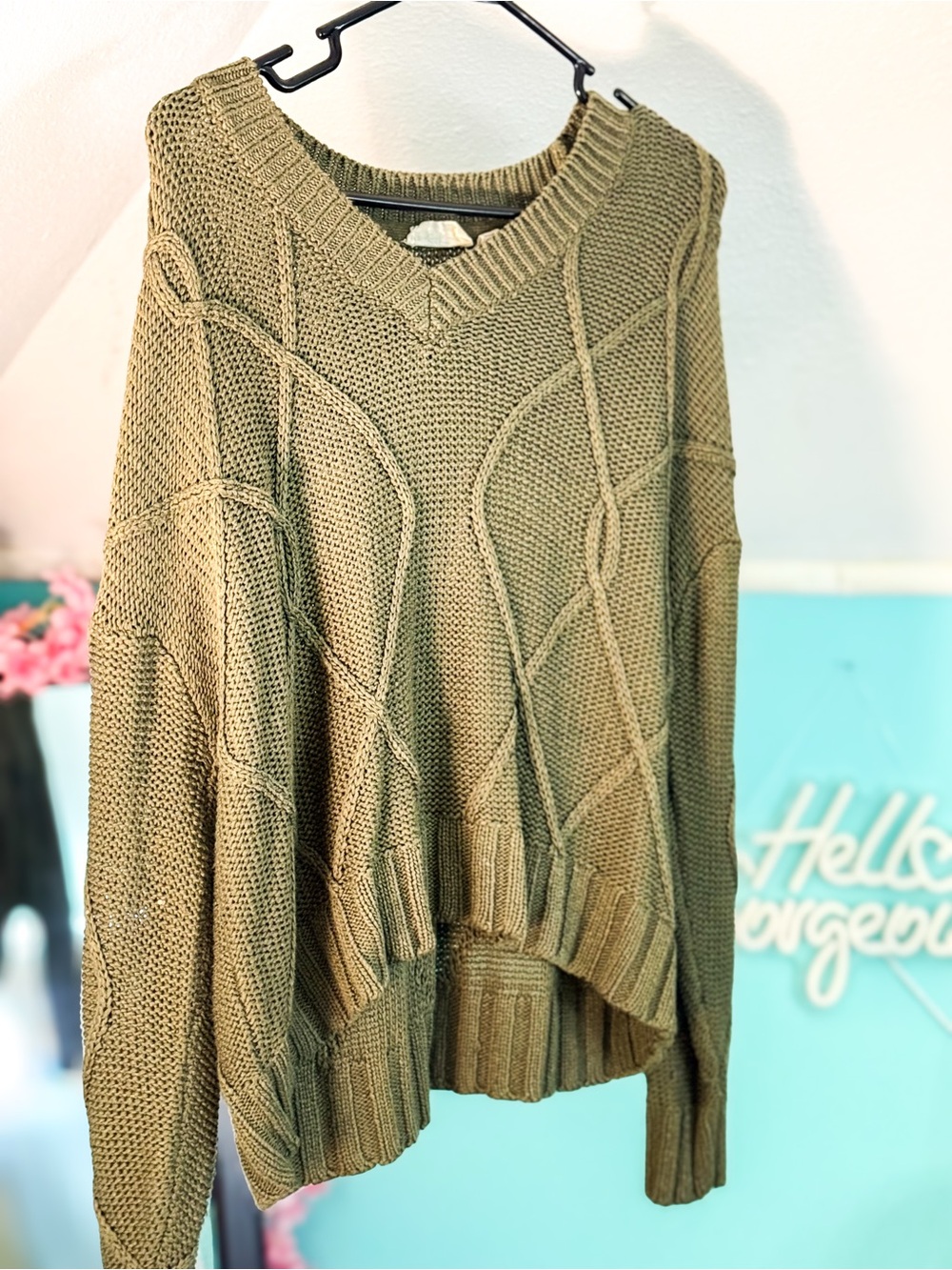 Olive Green V-Neck Cable Knit Women's Sweater